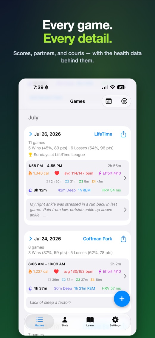 Every game, every detail โ scores, partners and courts with the health data behind them