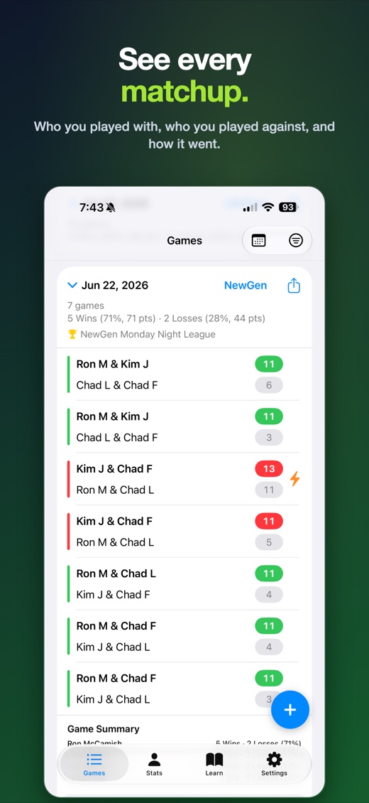 See every matchup โ who you played with, who you played against, and how it went