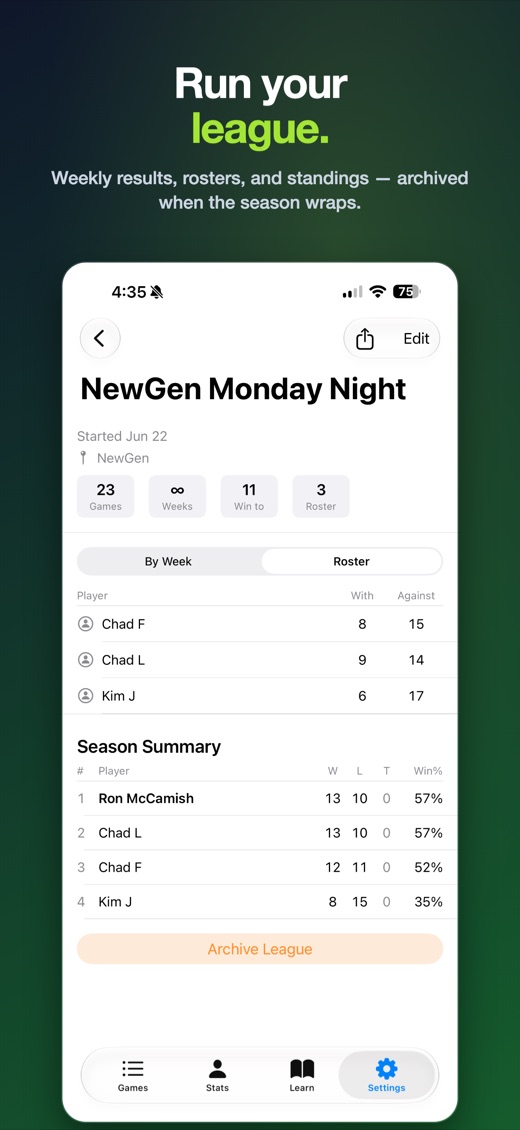 Run your league โ weekly results, rosters and standings