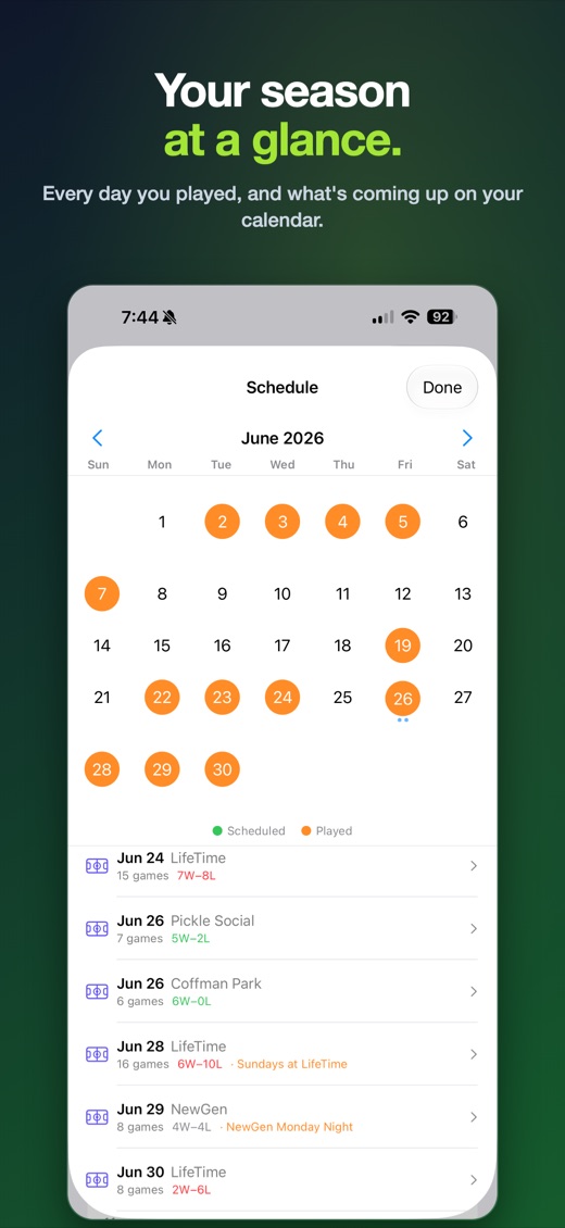 Your season at a glance โ every day you played and what's coming up
