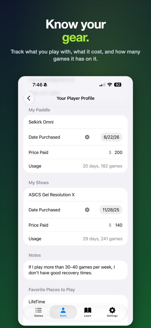 Know your gear โ track what you play with, what it cost and how many games it has on it